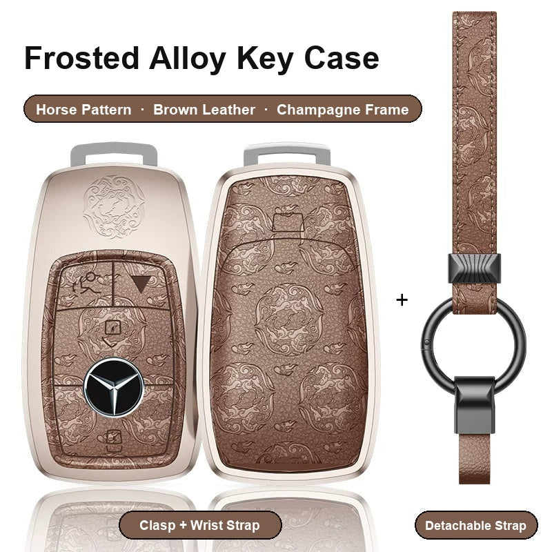 Mercedes-Benz Type A 4-button key case - Horse pattern, brown leather, champagne frame