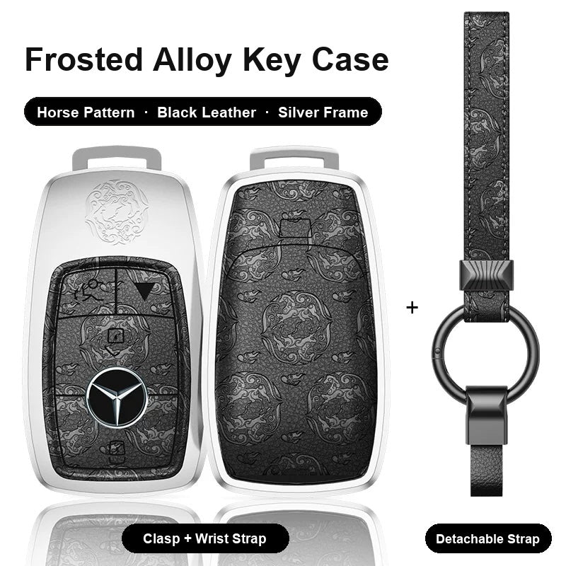Mercedes-Benz Type A 4-button key case - Horse pattern, black leather, silver frame