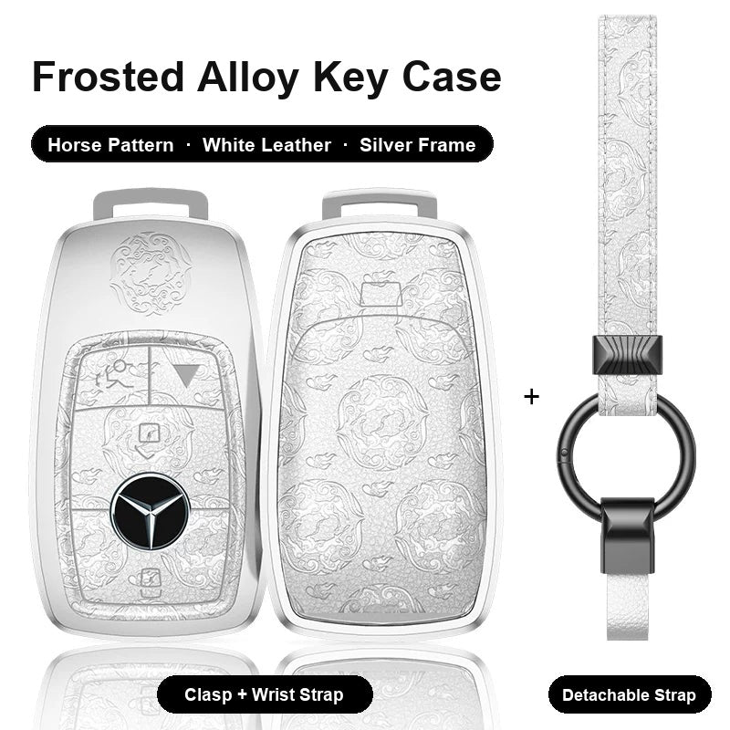 Mercedes-Benz Type A 4-button key case - Horse pattern, white leather, silver frame