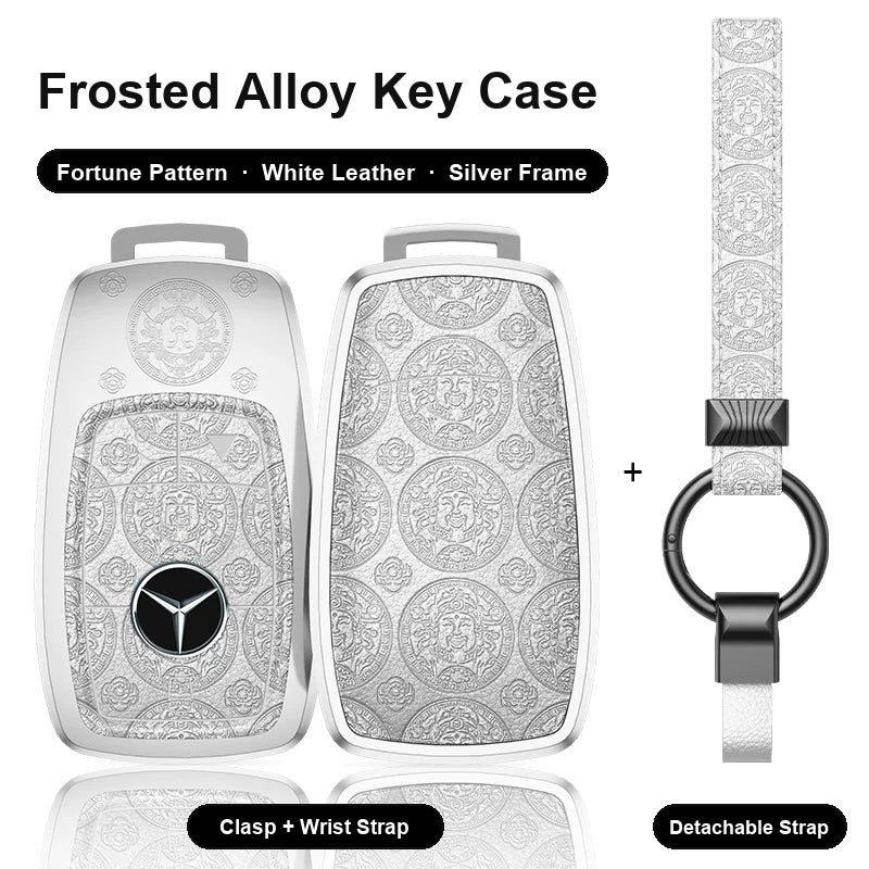 Mercedes-Benz Type A 4-button key case - Fortune pattern, white leather, silver frame