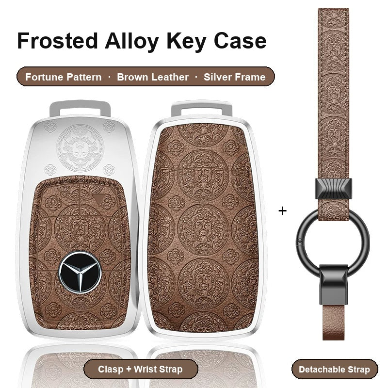 Mercedes-Benz Type A 4-button key case - Fortune pattern, brown leather, silver frame