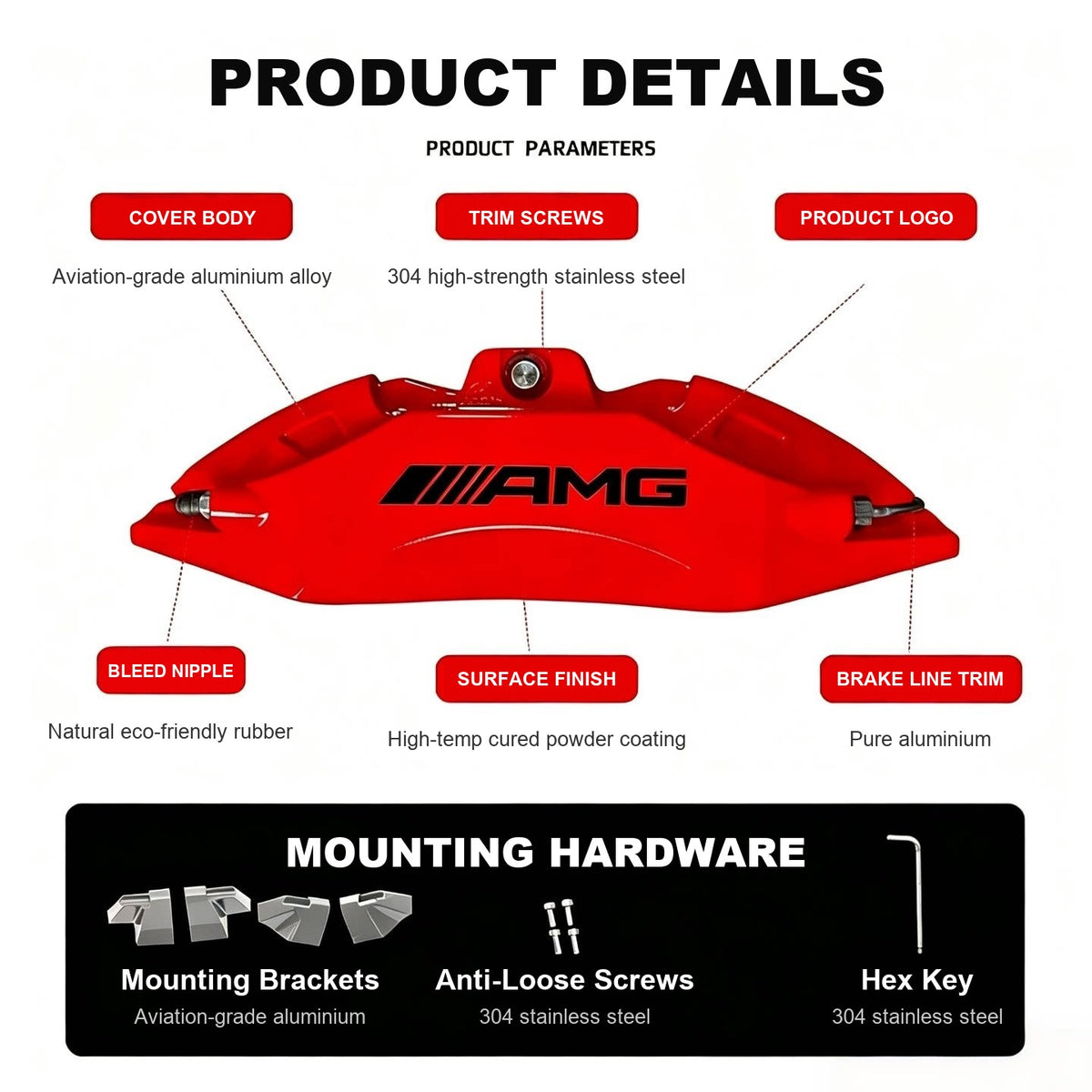 Brake caliper cover product details and mounting hardware