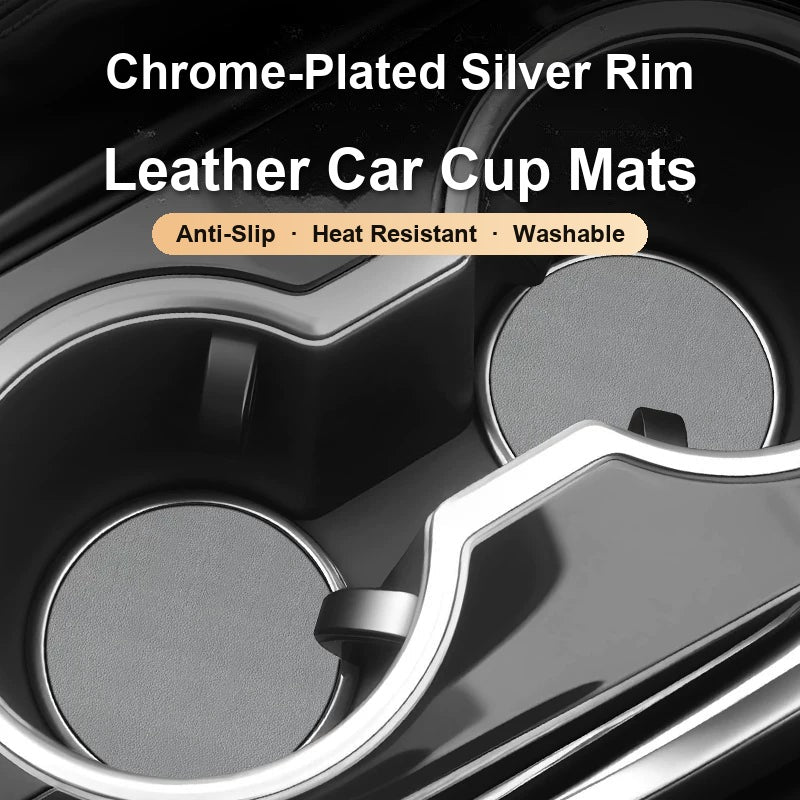 Gray leather cup mats with chrome-plated silver rim in car cup holders