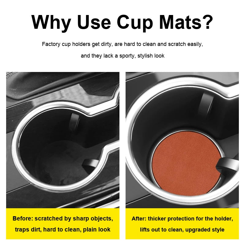 Car cup holder before and after fitting a leather cup mat