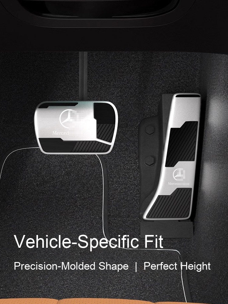 Vehicle-specific Mercedes-Benz pedal covers installed in footwell