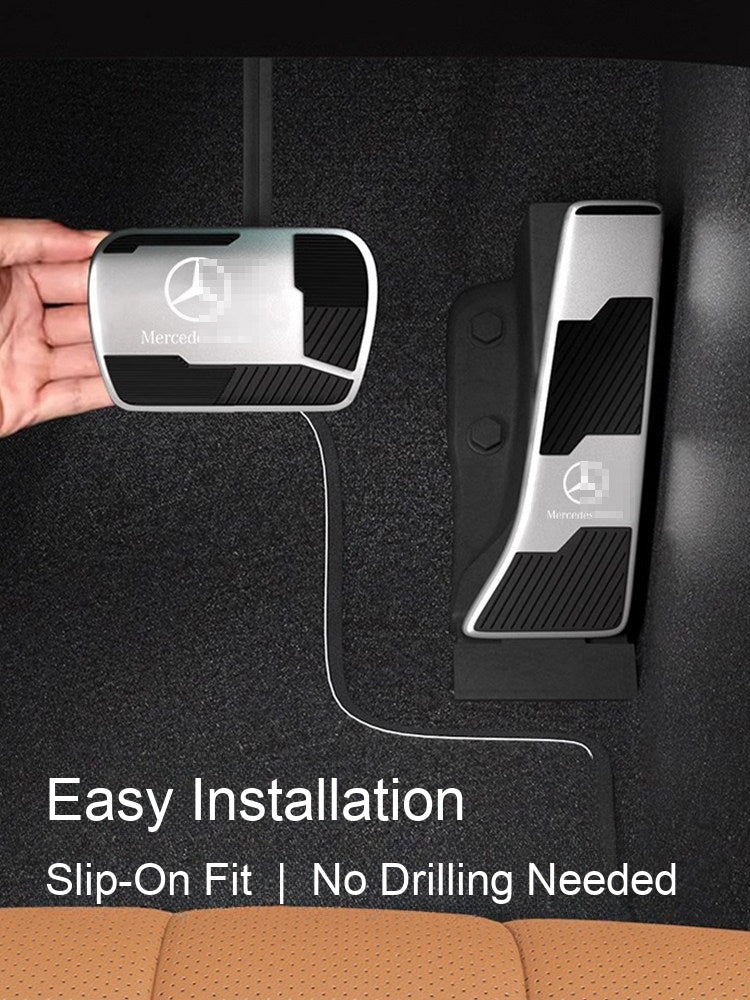 Easy slip-on installation of Mercedes-Benz pedal covers, no drilling