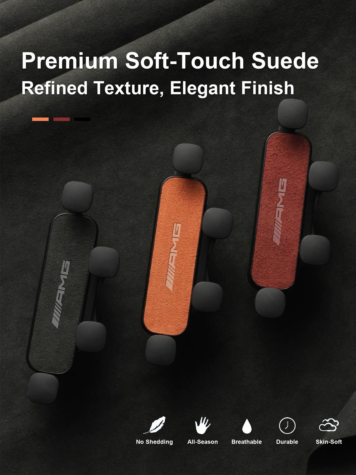 Premium soft-touch suede phone holders in carbon gray, orange and wine red