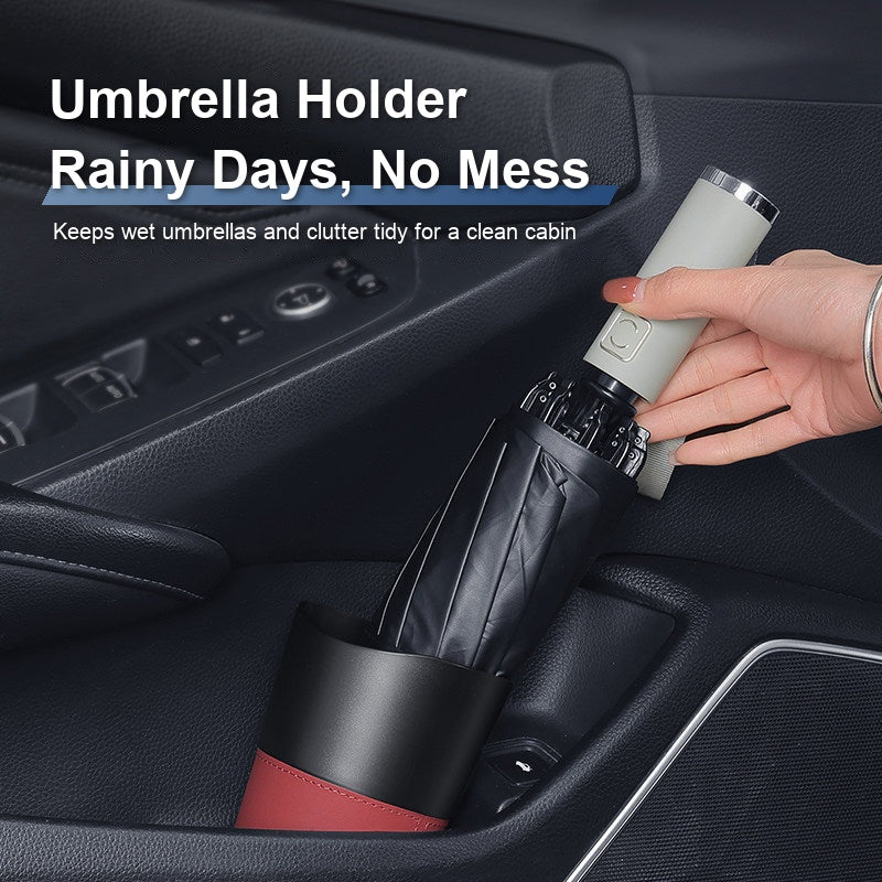 Car trash can used as an umbrella holder