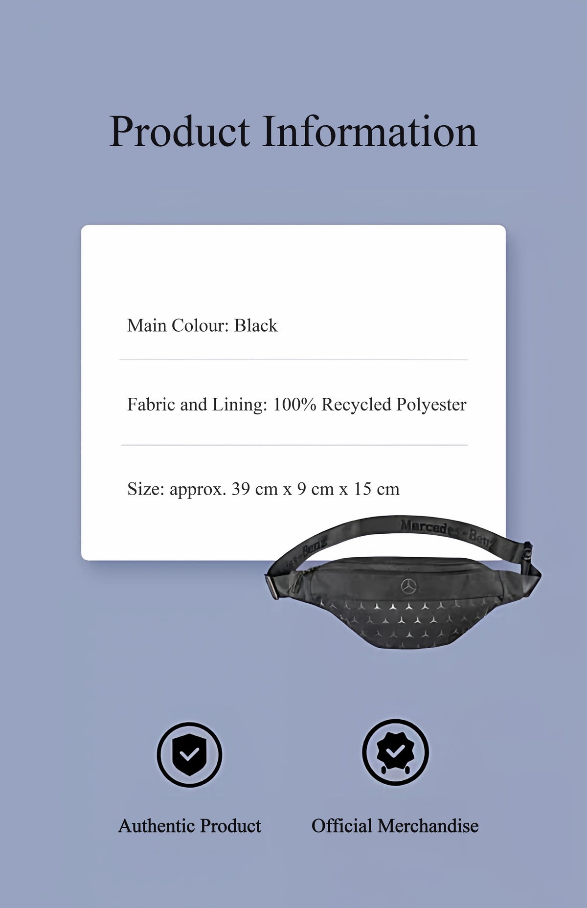 Mercedes-Benz waist bag product information – colour, recycled polyester material and size