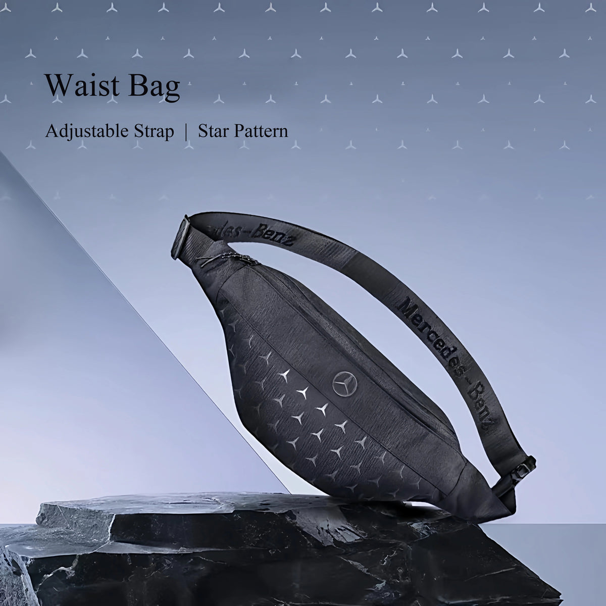 Black Mercedes-Benz waist bag with star pattern and adjustable strap