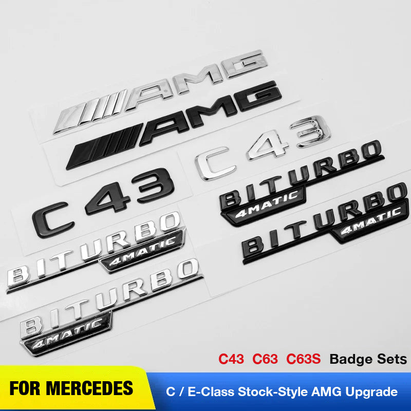 Mercedes-AMG trunk and fender badge sets for C43, C63 and C63S in chrome silver and gloss black