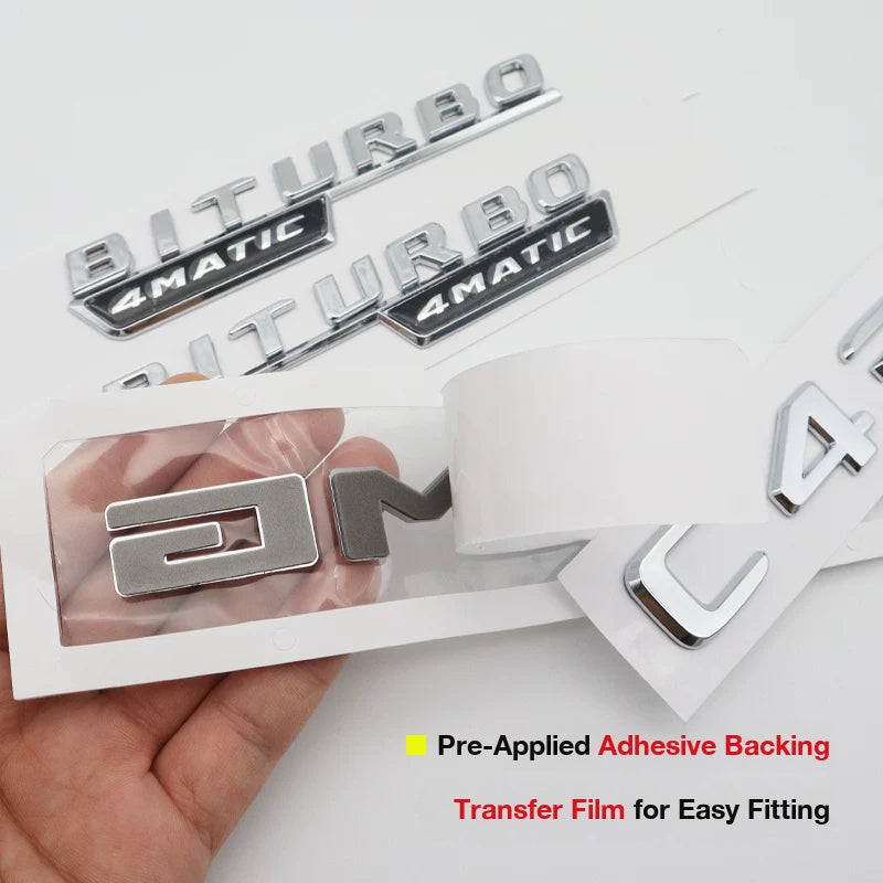 Mercedes-AMG lettering badge with pre-applied adhesive backing and transfer film for easy fitting