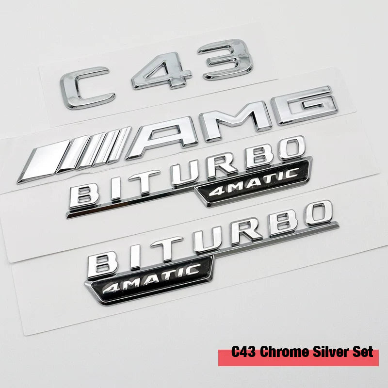 Mercedes-AMG C43 full badge set in chrome silver - C43, AMG and BITURBO 4MATIC side badges