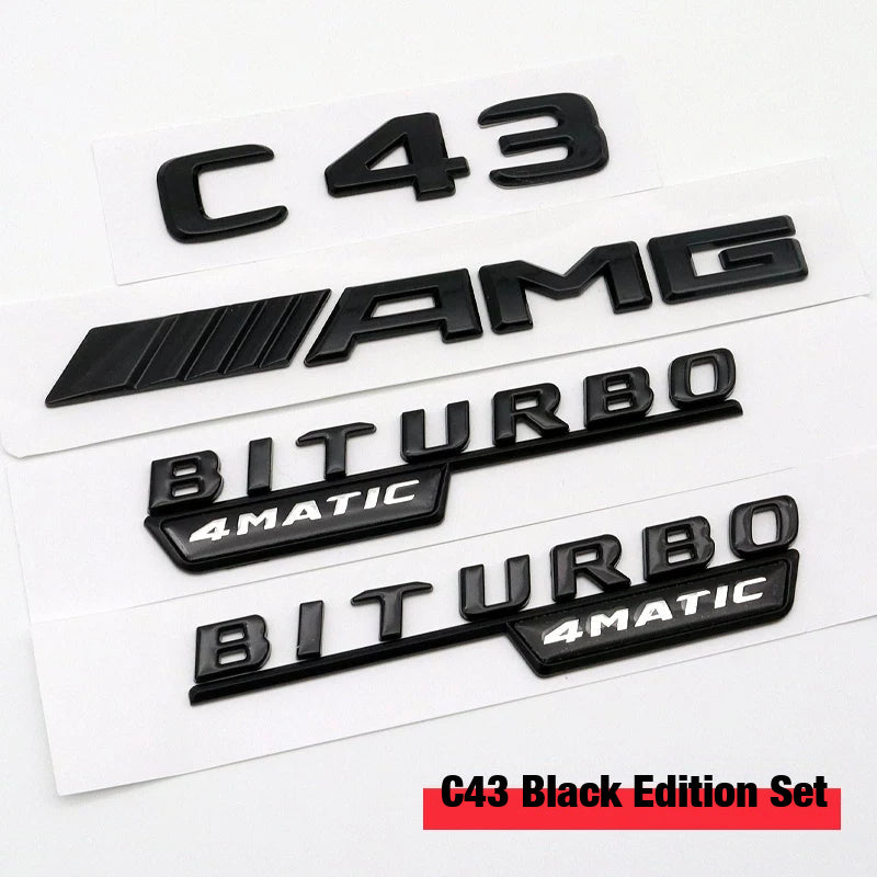 Mercedes-AMG C43 full badge set in gloss black - C43, AMG and BITURBO 4MATIC side badges