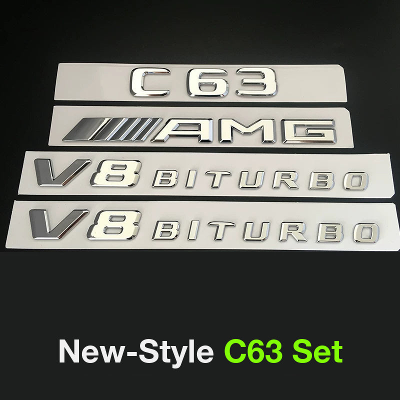 Mercedes-AMG C63 full badge set in chrome silver - C63, AMG and V8 BITURBO side badges