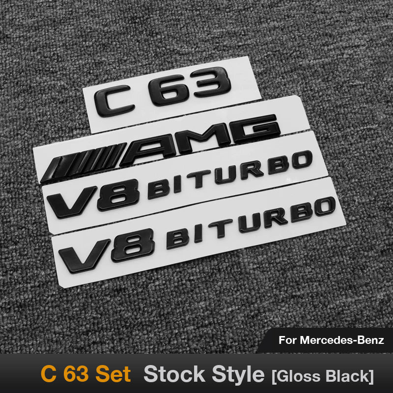 Mercedes-AMG C63 full badge set in gloss black - C63, AMG and V8 BITURBO side badges