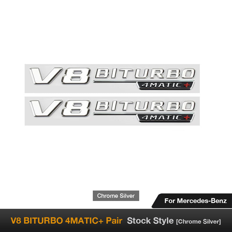 Mercedes-AMG V8 BITURBO 4MATIC+ fender side badges pair in chrome silver