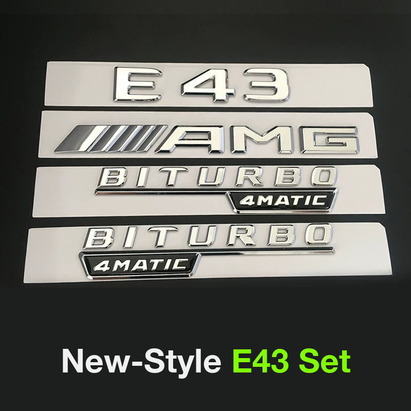 Mercedes-AMG E43 full badge set in chrome silver - E43, AMG and BITURBO 4MATIC side badges