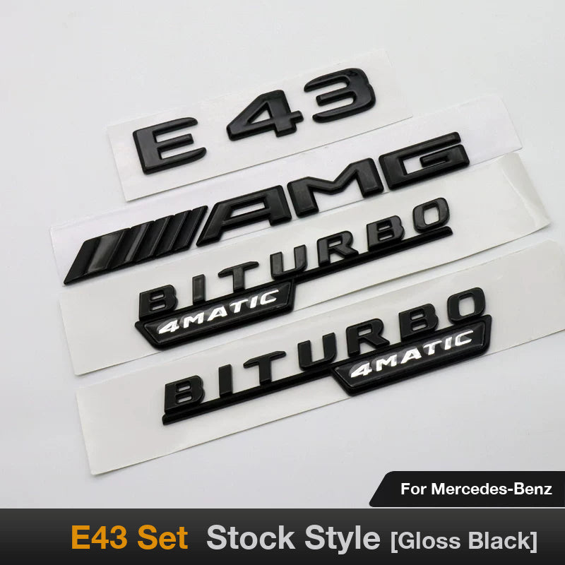 Mercedes-AMG E43 full badge set in gloss black - E43, AMG and BITURBO 4MATIC side badges