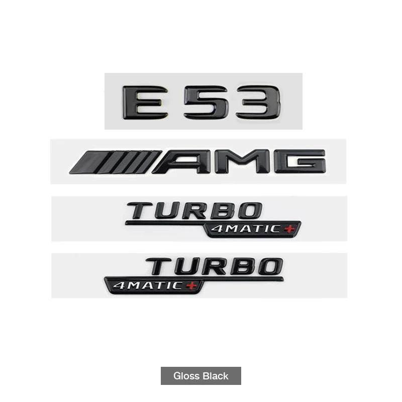 Mercedes-AMG E53 full badge set in gloss black - E53, AMG and TURBO 4MATIC+ side badges