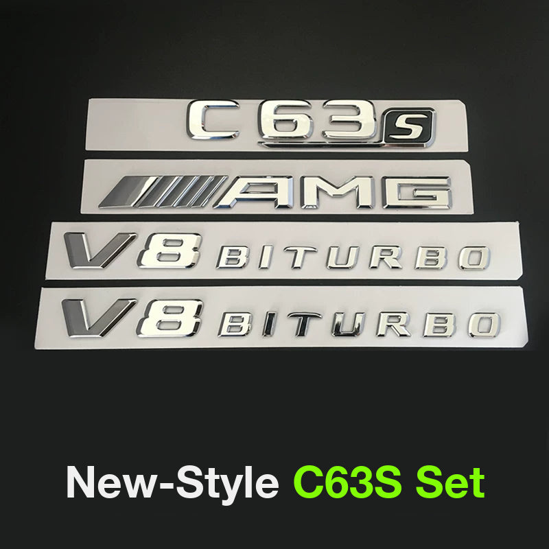Mercedes-AMG C63S full badge set in chrome silver - C63S, AMG and V8 BITURBO side badges