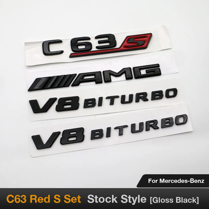 Mercedes-AMG C63S full badge set in gloss black with red S - C63S, AMG and V8 BITURBO side badges