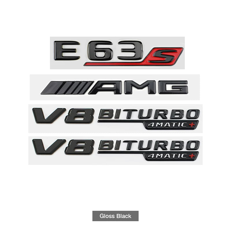 Mercedes-AMG E63S full badge set in gloss black with red S - E63S, AMG and V8 BITURBO 4MATIC+ side badges