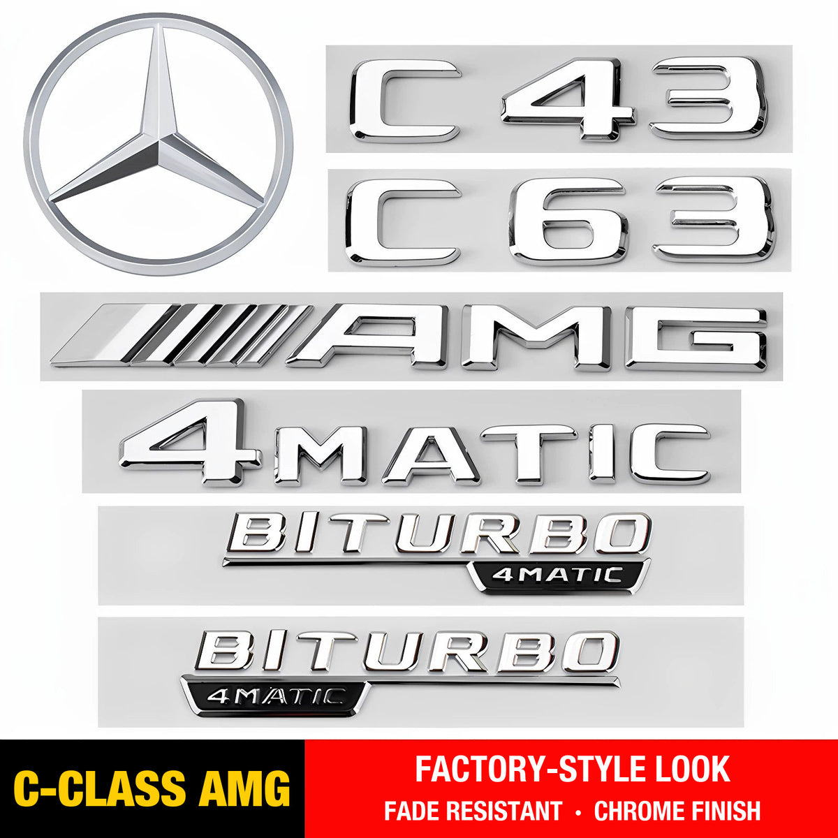 Mercedes-AMG C-Class chrome badge collection - star emblem, C43, C63, AMG, 4MATIC and BITURBO 4MATIC lettering