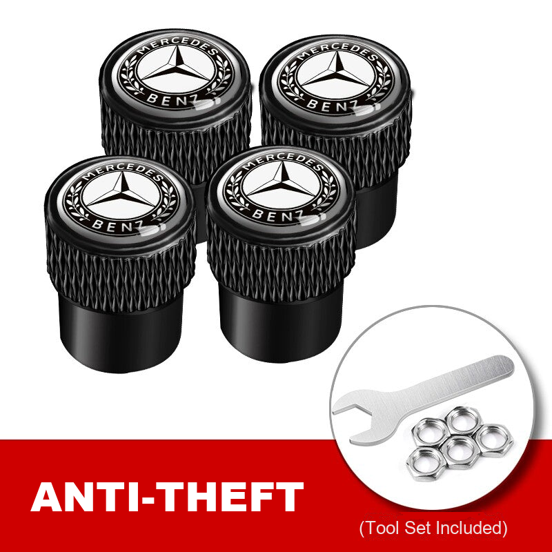 Black Mercedes-Benz anti-theft valve caps with tool set