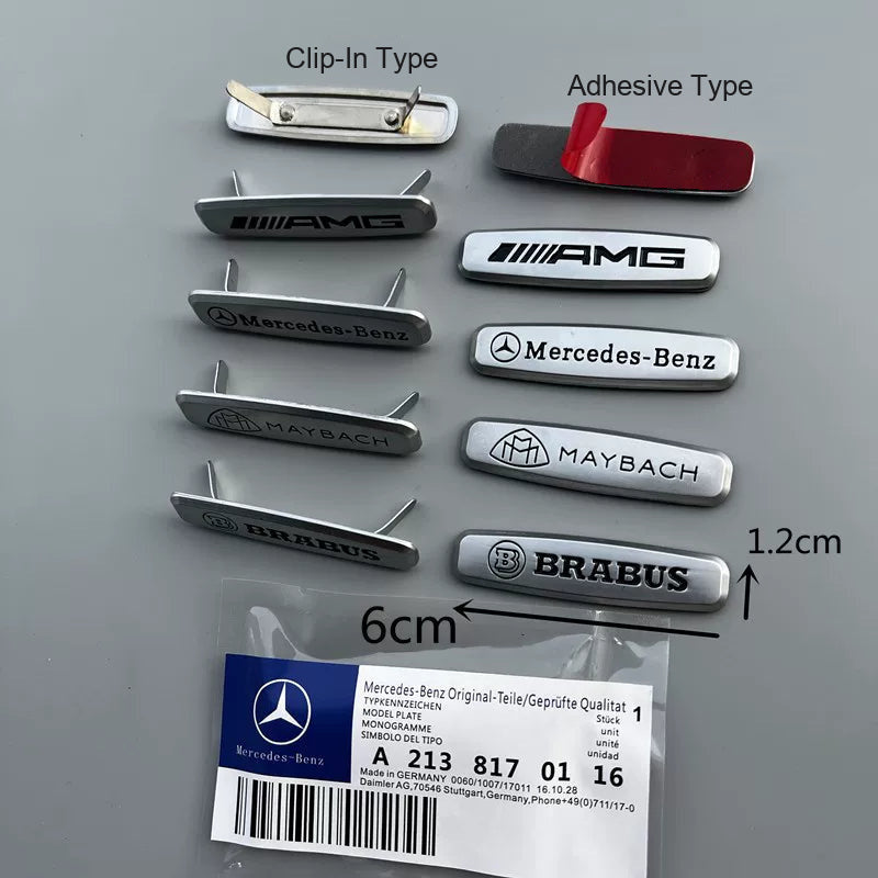 Mercedes-Benz seat emblem badges in AMG, Mercedes-Benz, Maybach and Brabus designs, clip-in and adhesive types, 6 x 1.2 cm