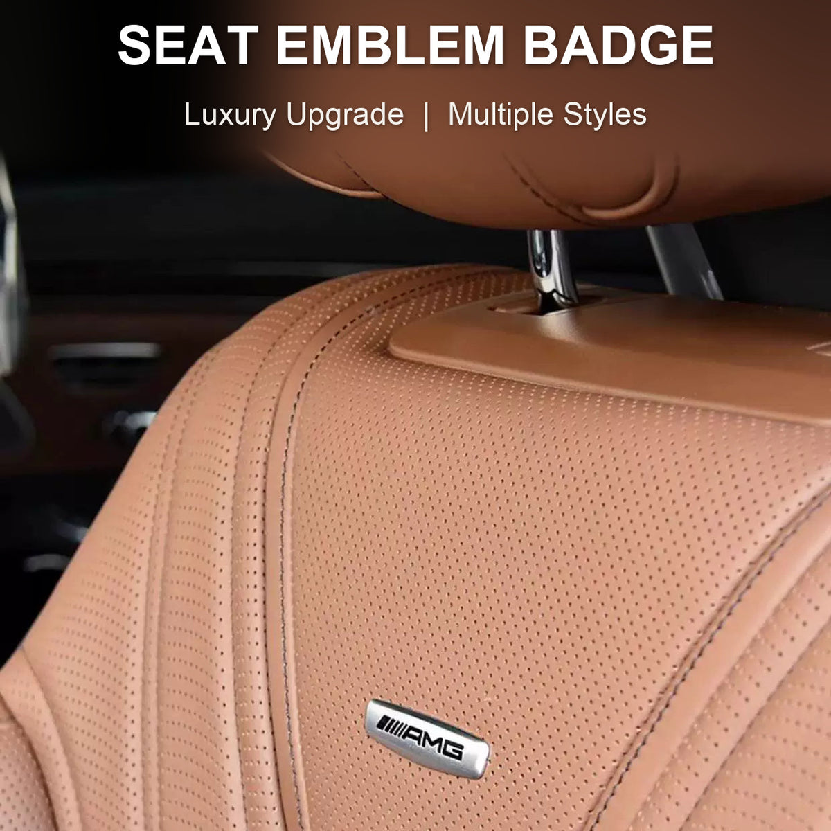 AMG seat emblem badge fitted on a brown leather Mercedes-Benz seat backrest