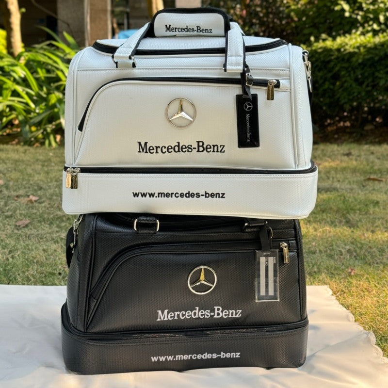 White and black Mercedes-Benz golf duffel bags stacked