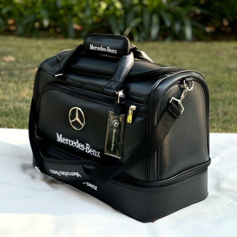 Black Mercedes-Benz golf duffel bag with shoulder strap