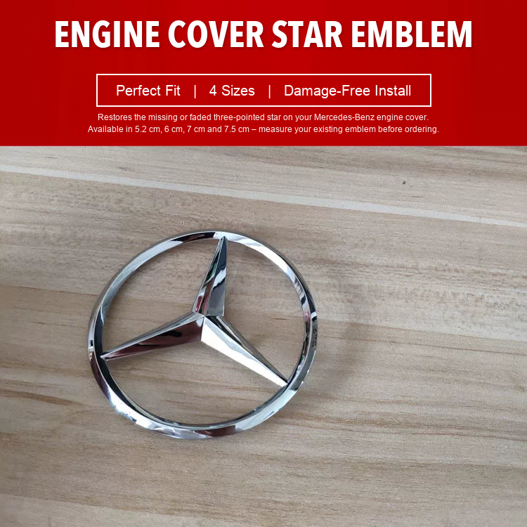Mercedes-Benz engine cover star emblem – chrome three-pointed star, available in 4 sizes