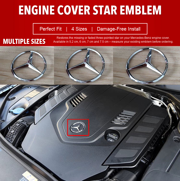Mercedes-Benz engine cover star emblem in multiple sizes, shown fitted on the engine cover