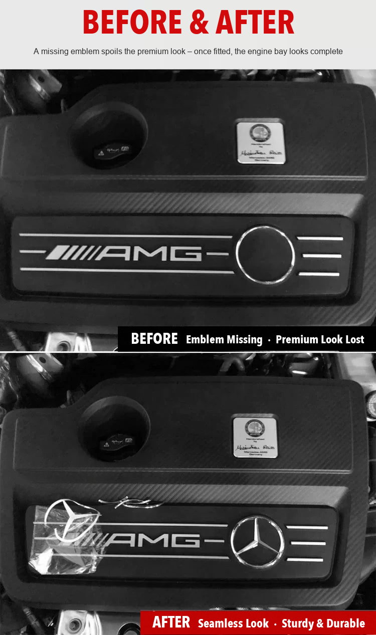 Before and after: Mercedes-AMG engine cover without and with the star emblem
