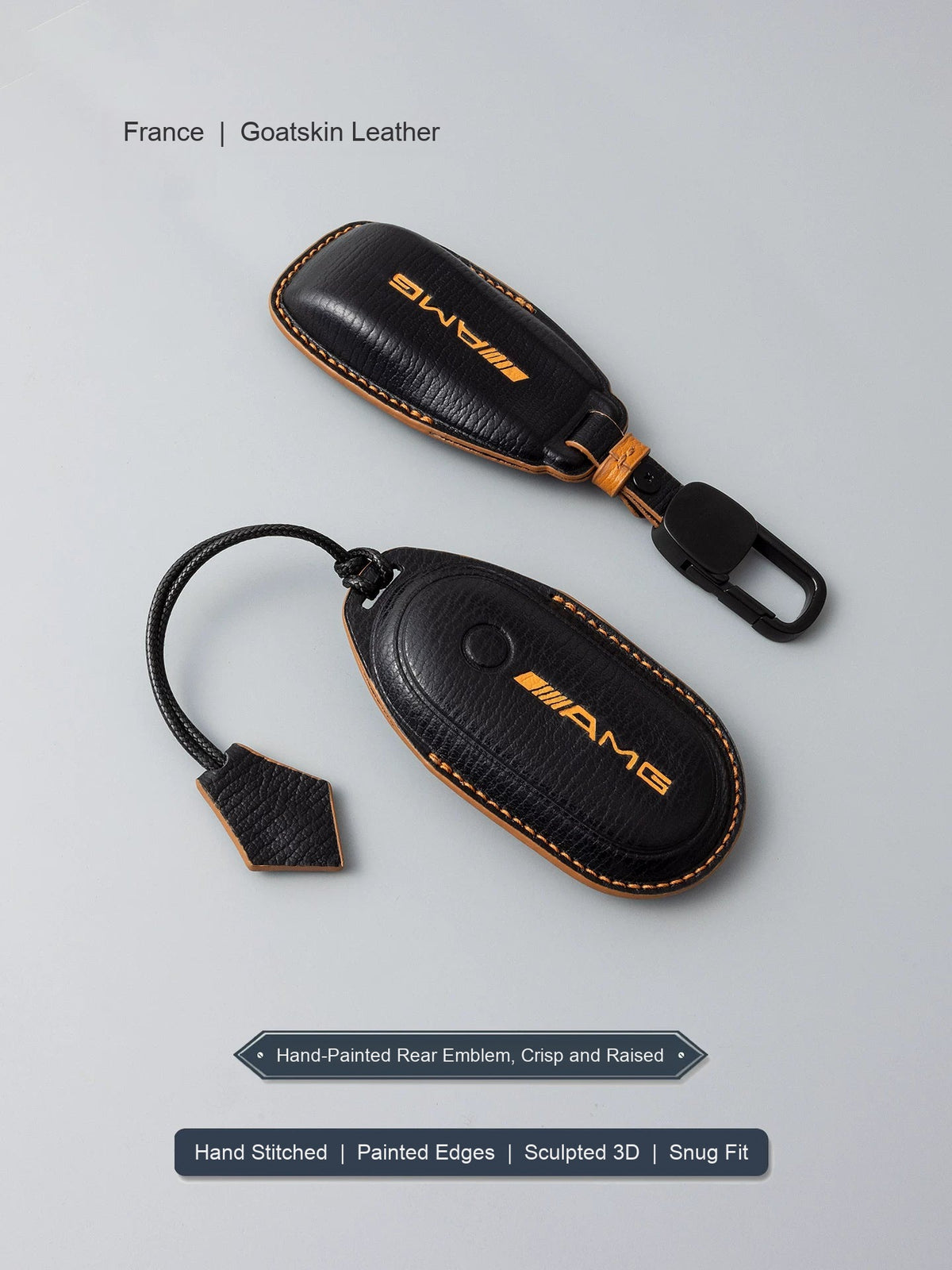 Black goatskin leather Mercedes-AMG key cases with hand-painted AMG emblem on the back