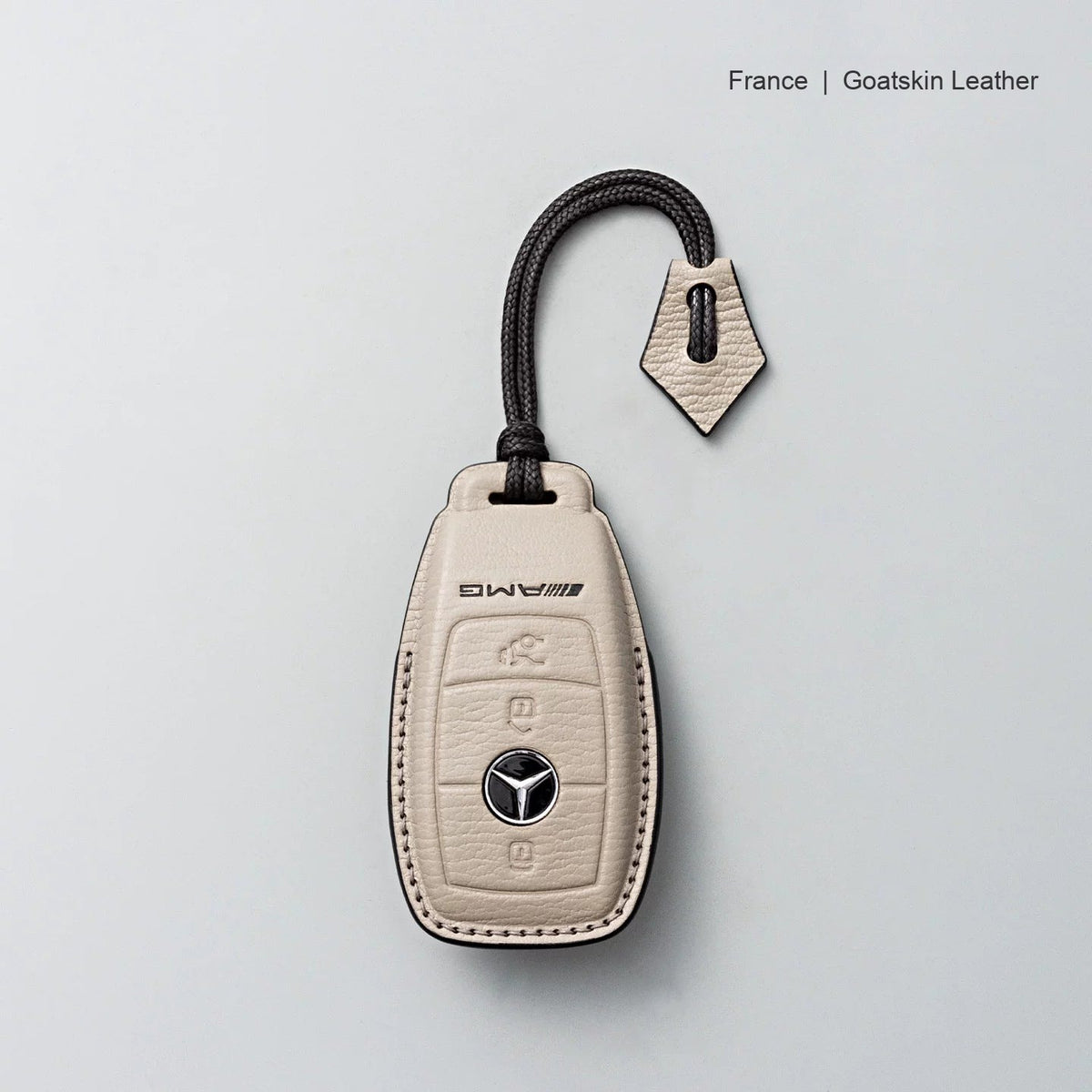 Mercedes-Benz goatskin leather key case, Style A, Gray with Black, Lanyard Strap