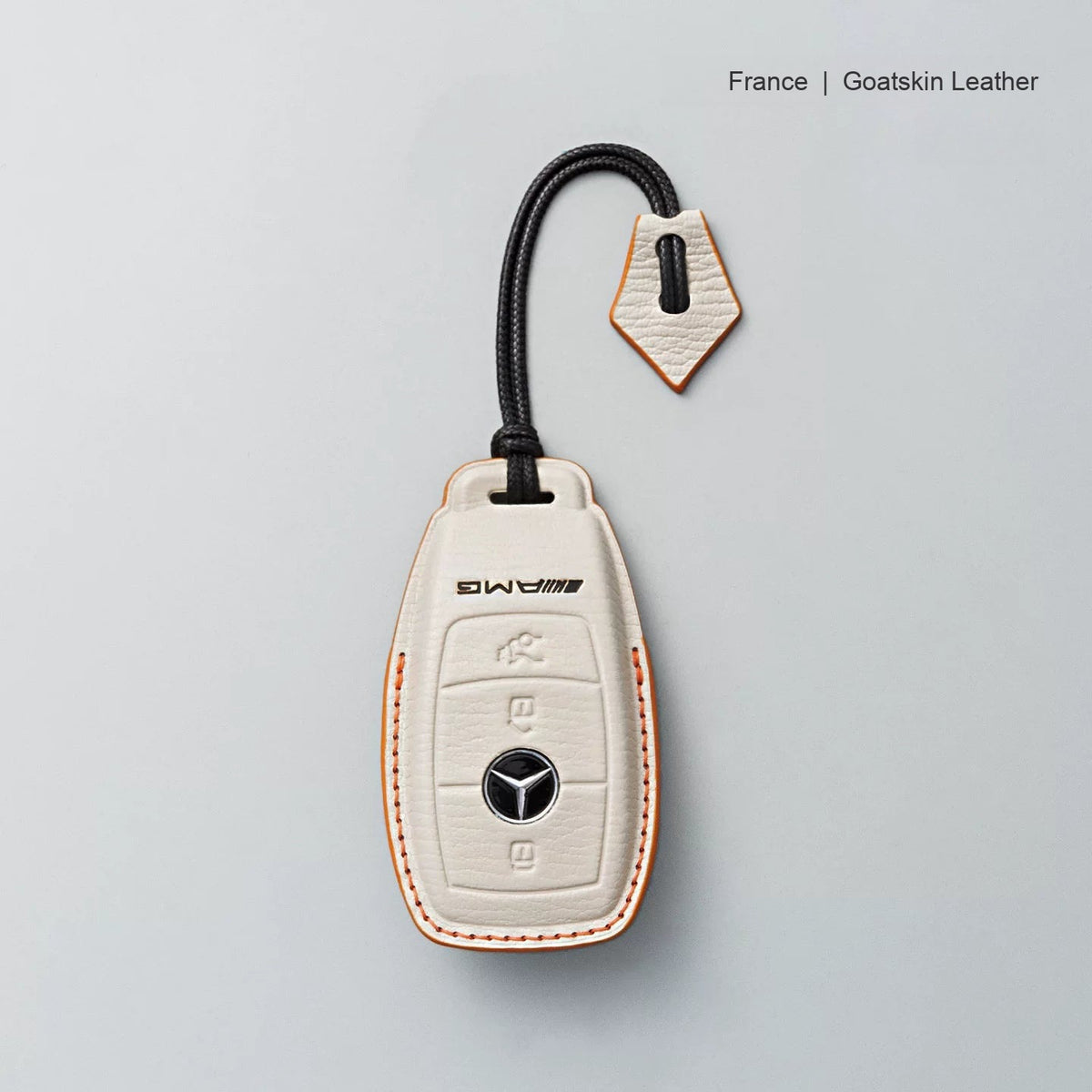 Mercedes-Benz goatskin leather key case, Style A, Cream White, Lanyard Strap