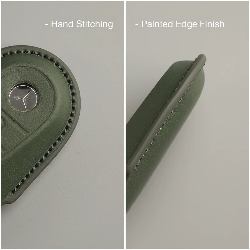 Hand-stitched seams and painted edge finish on the goatskin key case