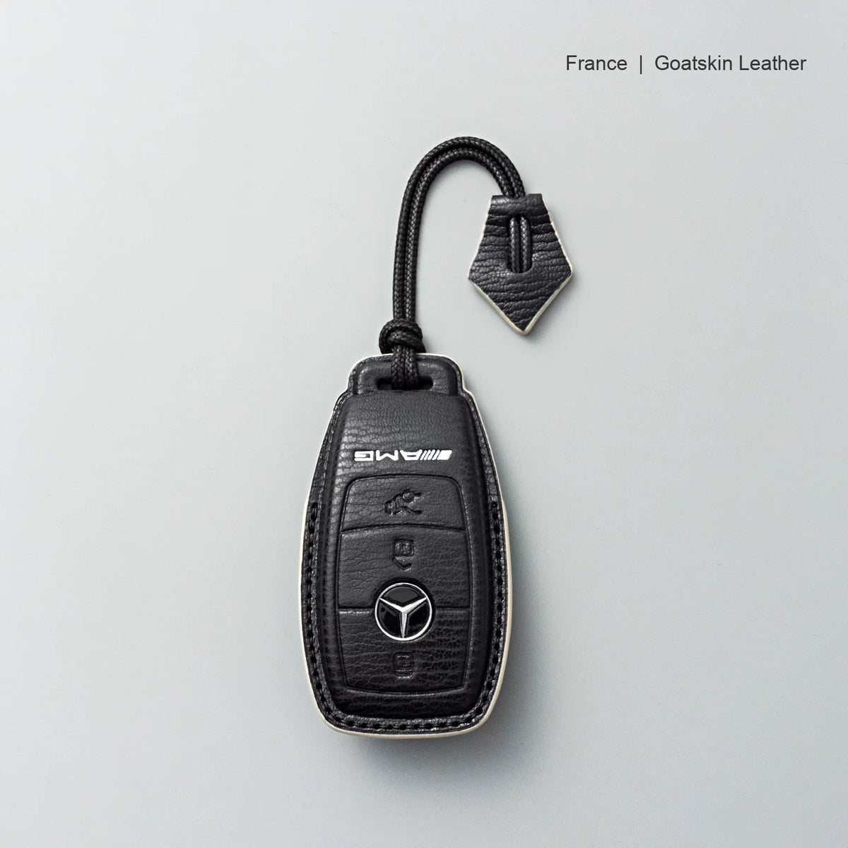 Mercedes-Benz goatskin leather key case, Style A, Black with White, Lanyard Strap