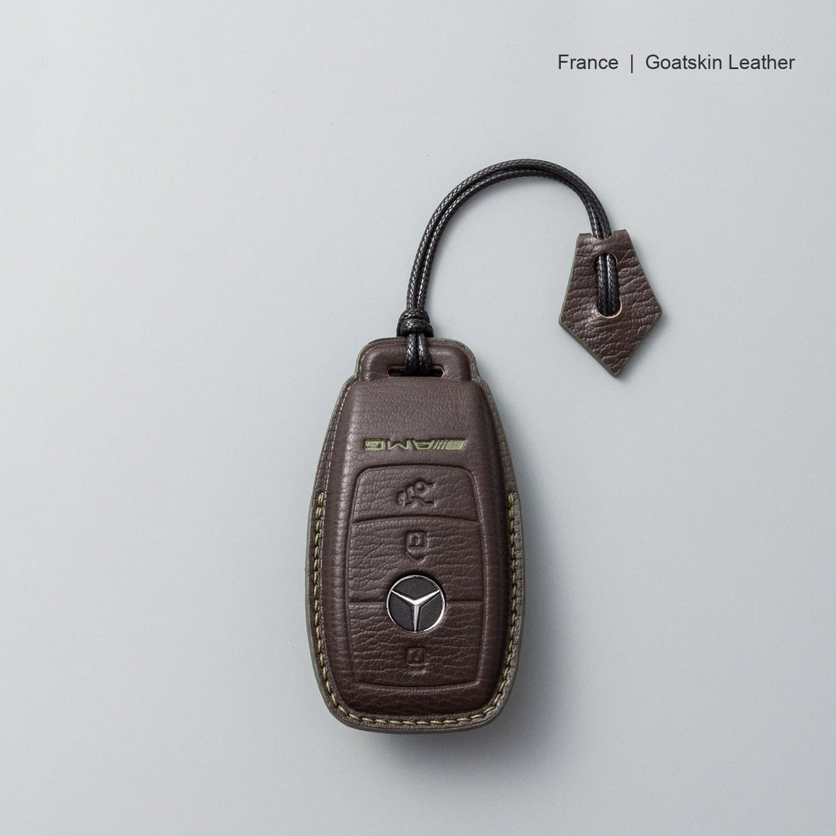 Mercedes-Benz goatskin leather key case, Style A, Mocha Brown, Lanyard Strap