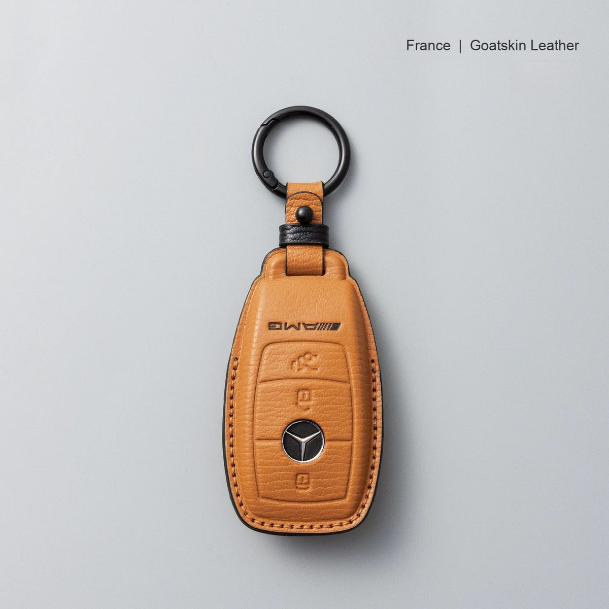 Mercedes-Benz goatskin leather key case, Style A, Caramel Brown, Key Ring