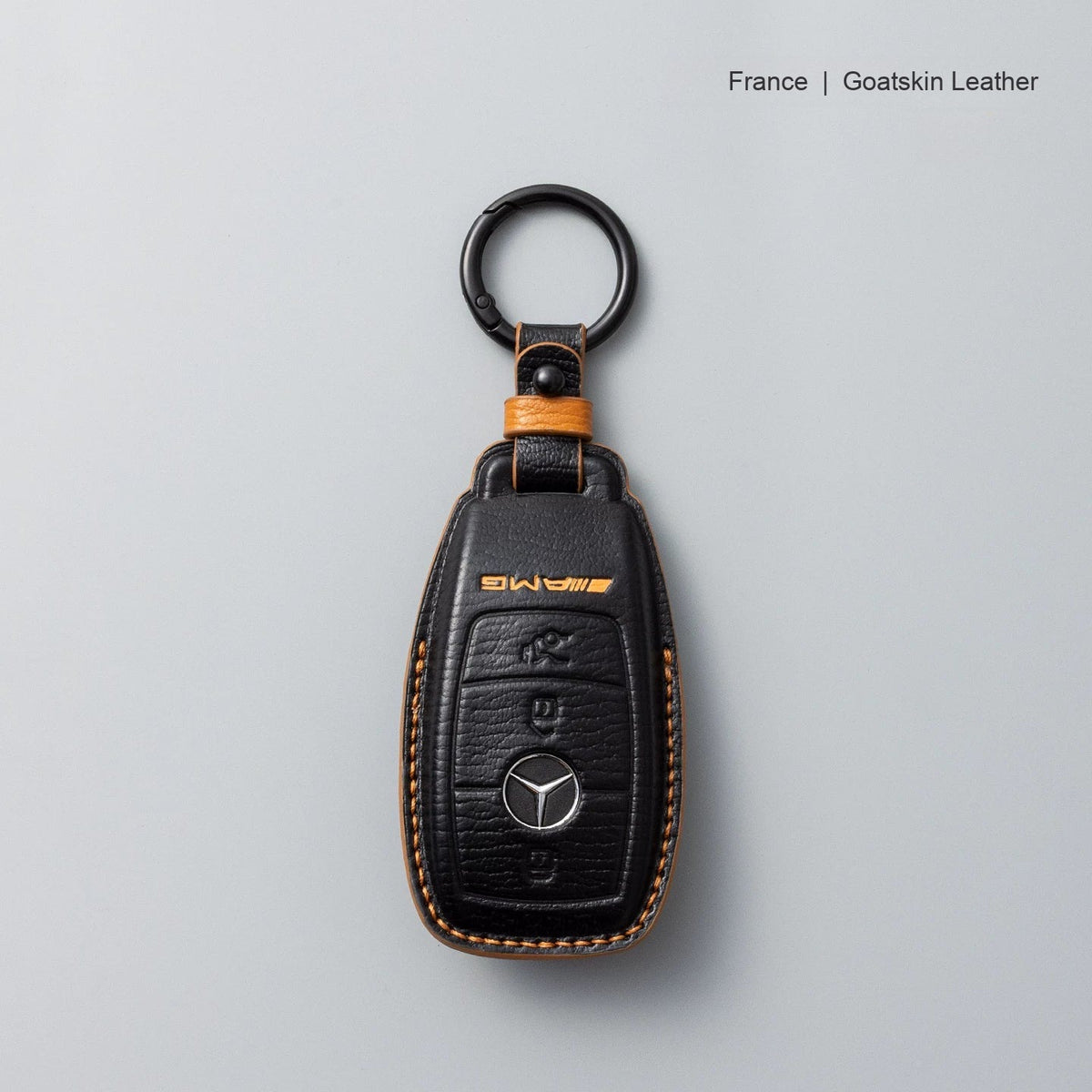 Mercedes-Benz goatskin leather key case, Style A, Black with Tan, Key Ring