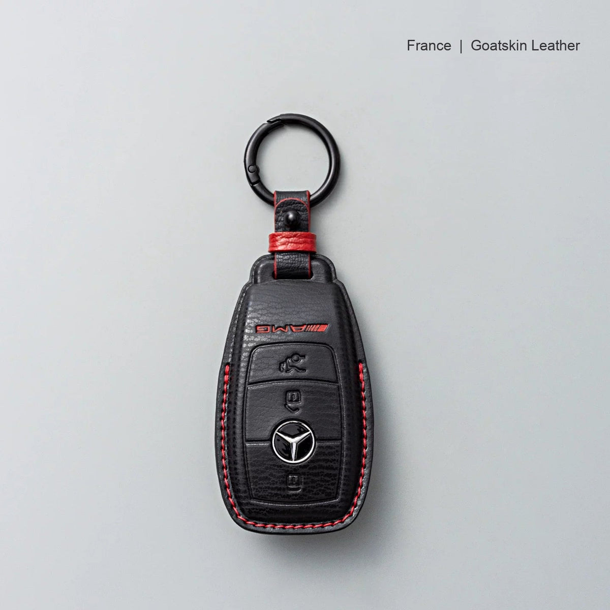 Mercedes-Benz goatskin leather key case, Style A, Black with Red, Key Ring