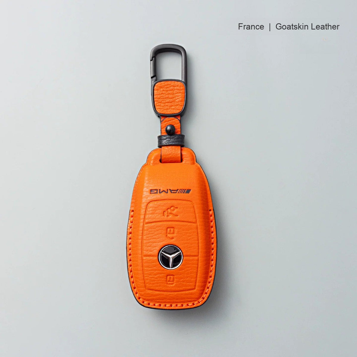Mercedes-Benz goatskin leather key case, Style A, Vivid Orange, Carabiner Clip