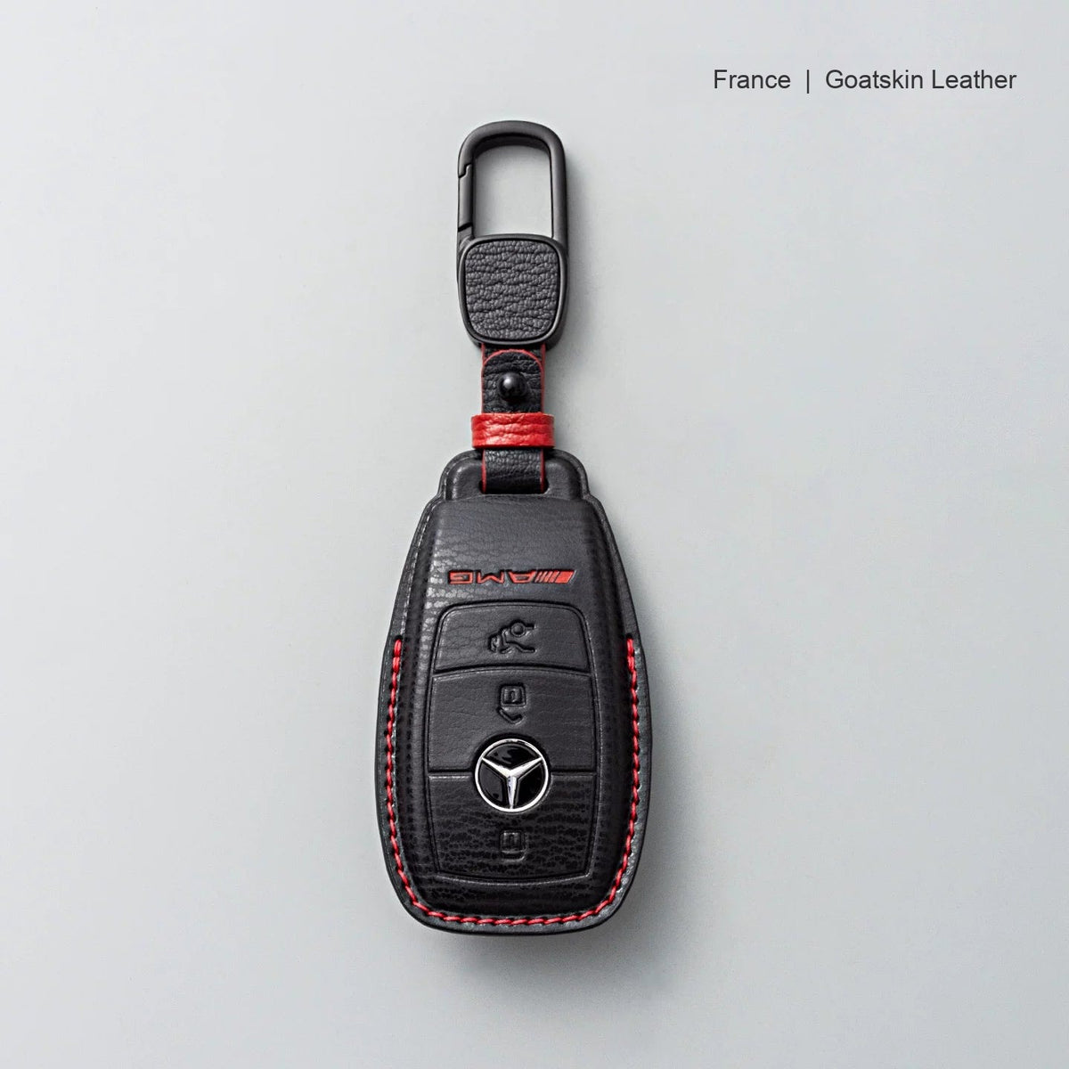 Mercedes-Benz goatskin leather key case, Style A, Black with Red, Carabiner Clip