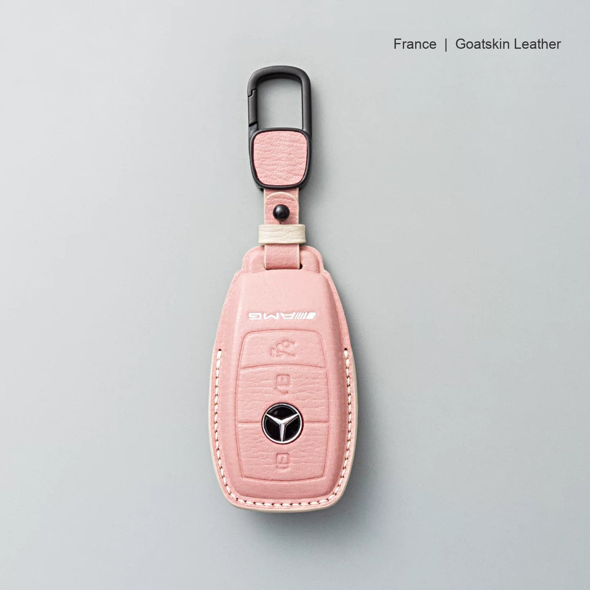 Mercedes-Benz goatskin leather key case, Style A, Sakura Pink, Carabiner Clip