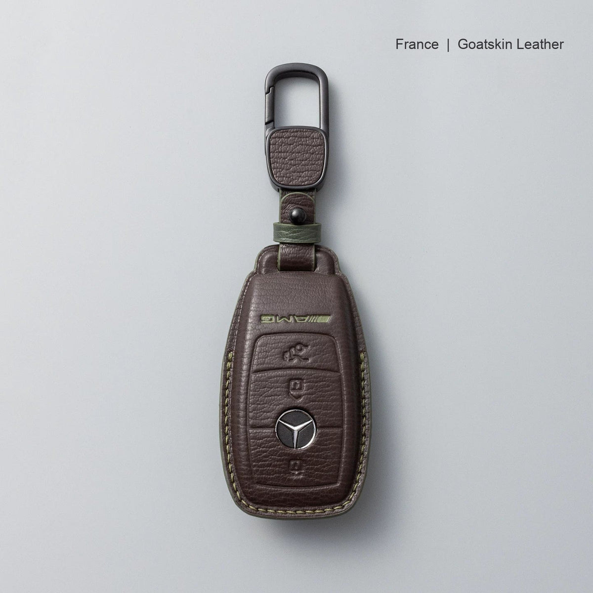 Mercedes-Benz goatskin leather key case, Style A, Mocha Brown, Carabiner Clip