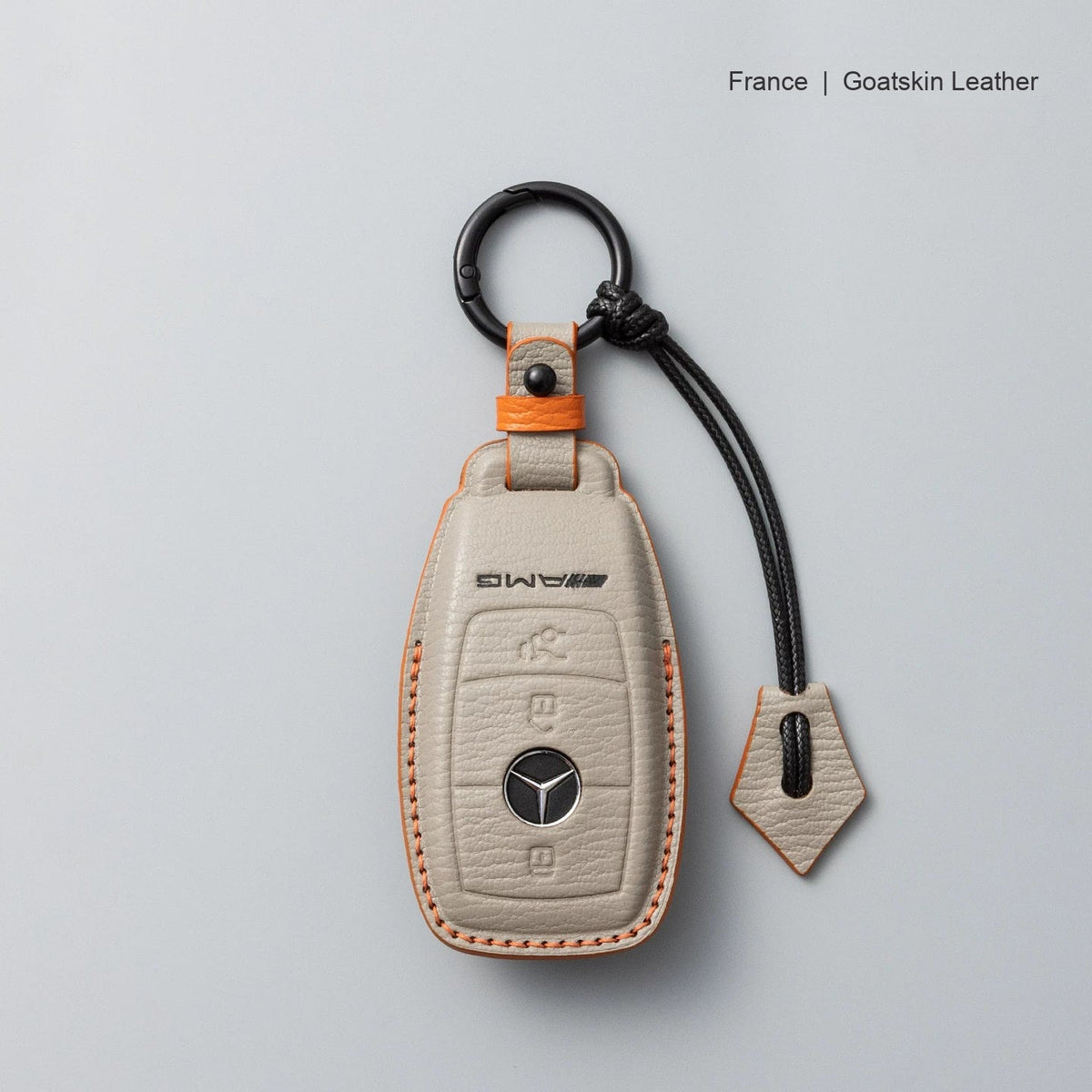 Mercedes-Benz goatskin leather key case, Style A, Dove Gray, Key Ring + Lanyard